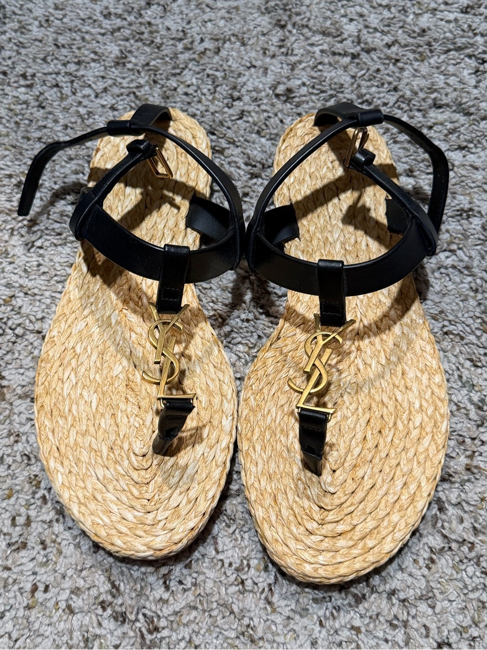 Saint Laurent Black Leather Raffia Logo Thong Sandals with Gold Hardware